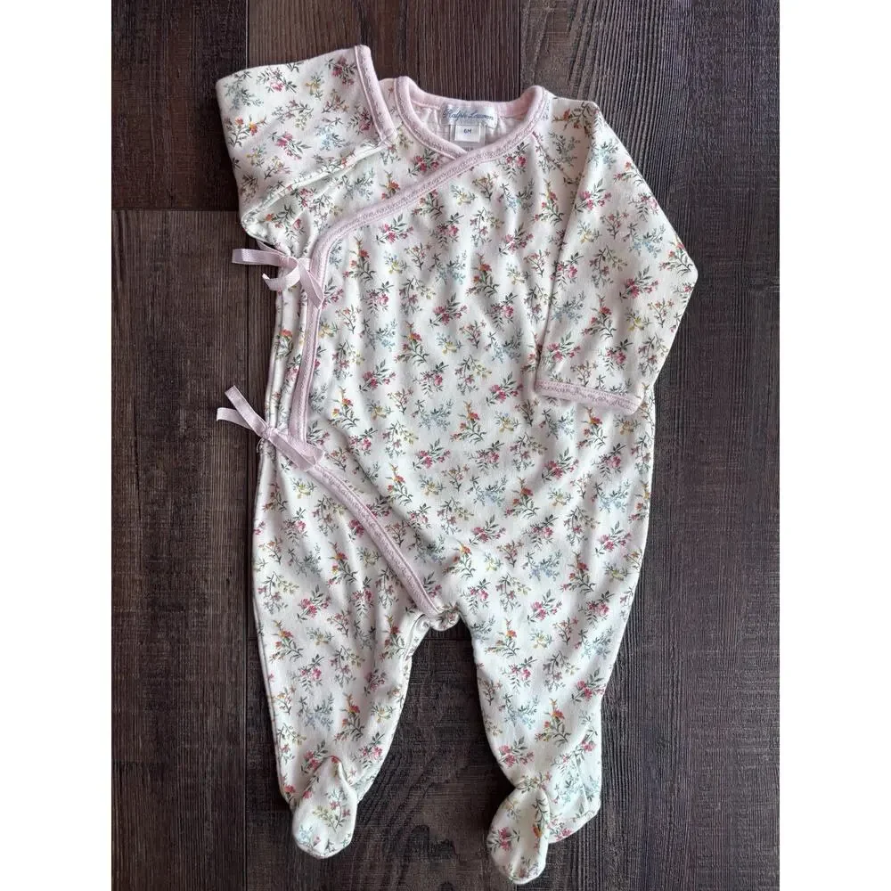Vtg Ralph Lauren Y2K Powder Pink Floral Tie Front Cottagecore Sleeper 6mo